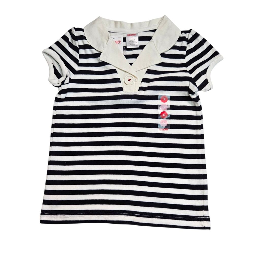 Vintage Gymboree Top Girls Size 5 Black White Striped Polo Bon Voyage Line NWT